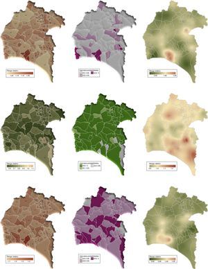 Distribución municipal en la provincia de Huelva de la incidencia, en el periodo 2007-2011, de cáncer de mama (C50) en mujeres (arriba), de cáncer de próstata (C61) (centro) y de cáncer de vejiga (C67) en hombres (abajo). Para cada tipo de cáncer se representan el riesgo relativo (izquierda) y las probabilidades a posteriori (centro) respecto a la tasa de incidencia nacional, y el riesgo relativo interpolado mediante kriging (derecha) respecto a la incidencia provincial.