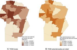 Distribución espacial de las tasas de incidencia de cáncer de mama por 100.000 mujeres. Córdoba, Argentina, 2010.
