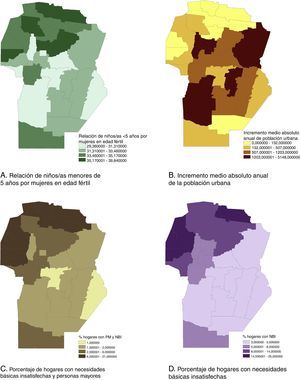 Distribución espacial de los indicadores sociodemográficos seleccionados. Córdoba, Argentina, 2010.