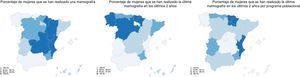 Descripción territorial del control mamográfico (porcentaje de realización de mamografía, porcentaje de última mamografía realizada en los últimos 2 años y porcentaje de última mamografía en los últimos 2 años realizada por un programa poblacional), por comunidades autónomas. Encuesta Nacional de Salud, 2011-12.