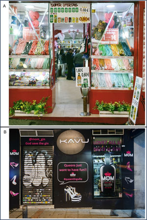 Availability and promotion associated to alcohol retail outlets. A) Availability of alcohol at relatively low prices in convenience stores is common, including in central areas and places popular with tourists such as the Plaza Mayor in Madrid. B) The alcohol industry circumvent existing regulations to promote its products using visible windows in the alcohol retail outlets.