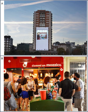 Promotion and signs of alcohol consumption in public spaces, beyond the alcohol retail outlets. A) Although advertising of spirits is prohibited in parts of Spain on public roads, advertisement and sponsorship are frequently used on public spaces. This promotional item covers a whole building and can be perceived from afar. B) The high visibility of alcohol use in the street in terms of people consuming alcohol, the presence of discarded bottles or other containers in the public space indicates the acceptability of alcohol, and suggests poor enforcement of existing alcohol related regulations.