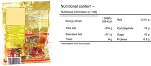 Example of nutritional content of a candy offered in vending machines at secondary schools in the Madrid Autonomous Community, 2014-2015.