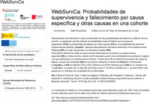 Página web donde se realiza la solicitud de cálculo de las probabilidades de supervivencia y fallecimiento por causa específica y otras causas. Disponible en: https://shiny.snpstats.net/WebSurvCa