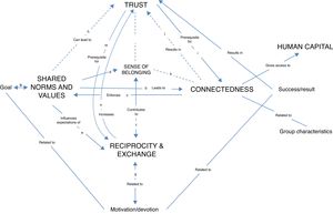 Observed connections between the studied sub-constructs of social capital: shared norms and values, connectedness, reciprocity and exchange, and trust.