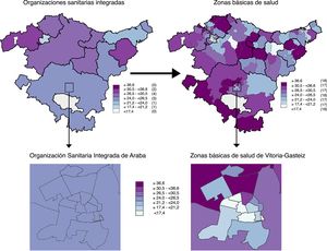 Proporción estimada de hombres sedentarios por organización sanitaria integrada y por zona básica de salud en Euskadi. 2013.