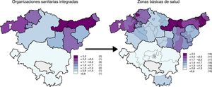 Prevalencia estimada de bronquitis en mujeres por organización sanitaria integrada y por zona básica de salud en Euskadi. 2013.
