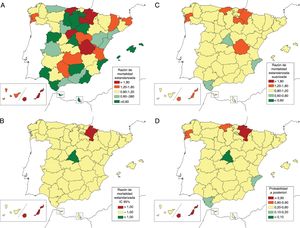 Variabilidad provincial de la mortalidad atribuida a telangiectasia hemorrágica hereditaria en España para ambos sexos (1981-2016). A) Razón de mortalidad estandarizada (RME). B) Intervalo de confianza del 95% (IC95%) de la RME, valores significativamente por encima o por debajo de lo esperado para el total nacional. C) RME suavizadas. D) Probabilidad a posteriori (PP) de las RME suavizadas.
