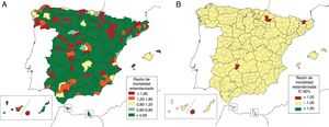 Variabilidad comarcal de la mortalidad por telangiectasia hemorrágica hereditaria en España para ambos sexos (1999-2016). A) Razón de mortalidad estandarizada (RME). B) Intervalo de confianza del 95% (IC95%) de la RME, valores significativamente por encima o por debajo de lo esperado para el total nacional. Nota: no se muestran los mapas de RME suavizados por comarcas por no aportar resultados significativos.