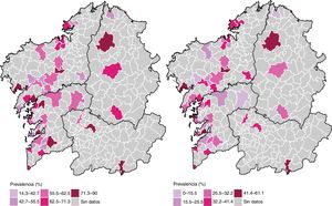Prevalencia del consumo de riesgo (izquierda) y consumo intensivo (derecha) de alcohol de los estudiantes que acceden a la universidad, según el municipio de procedencia.
