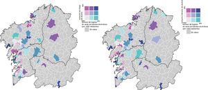 Relación entre el consumo de riesgo (izquierda) y el consumo intensivo (derecha) y la población en los diferentes municipios.