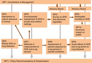 TackSHS project structure and organisation of the work packages (WPs). SHS: Secondhand smoke; e-cig: electronic cigarettes.