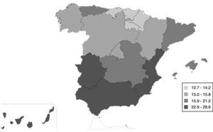 Distribution of unemployment in Spain's autonomous regions according to quartiles of the 2010 unemployment rate. Data source: National Institute of Statistics, Spain.