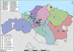 Análisis de la provisión de servicios de salud mental: distribución de los servicios sanitarios de adultos por pequeña área de salud mental en Vizcaya en 2012.