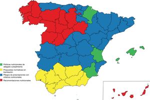 Regulación de la calidad alimentaria y nutricional en los centros escolares. En verde: decretos nutricionales de obligado cumplimiento (Islas Baleares, Región de Murcia, Comunidad Foral de Navarra, Comunidad Valenciana). En amarillo: propuestas de normativas en tramitación (Andalucía). En azul: pliegos de prescripciones con criterios nutricionales (Aragón, Cantabria, Asturias, Extremadura, La Rioja, Castila-La Mancha, Comunidad de Madrid, Cataluña, País Vasco). En rojo: recomendaciones nutricionales (Galicia, Castila y León, Canarias).