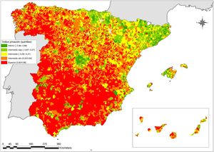 Mapa del índice de privación final elaborado con seis indicadores por secciones censales del censo de 2011.