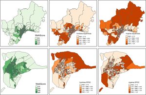 Walk Score y razones de mortalidad estandarizadas para la mortalidad por enfermedades isquémicas en Málaga y por EPOC en Sevilla. CD: Car-Dependent; RME: razones de mortalidad estandarizadas; SW: Somewhat Walkable; VW: Very Walkable; WP: Walker