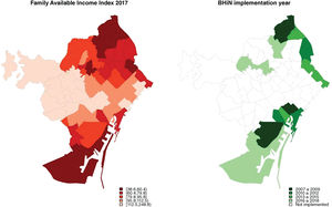 Family Available Income Index in 2017 and first year of BHiN implementation in the neighbourhoods from 2007 to 2018. Compound index that includes five indicators (people aged 25 years or more with university education (%), registered unemployment among people aged 16 to 64 years (%), number of cars per inhabitant, new cars (less than 2 years) with more than 16 Hp (%) and second-hand housing prices).28.