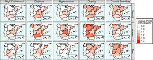 Map showing the spatial heterogeneity in the relative index of inequality (RII) for high cholesterol, diabetes, hypertension, obesity and current smoking.