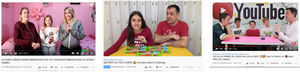 YouTuber menores acompañados de sus padres y madres. Fuente: YouTube (http://bit.ly/youtubersmenores65, http://bit.ly/youtubersmenores176 y http://bit.ly/youtubersmenores155).