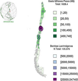 Distribución regional del gasto público (millones de pesos) para la compra de bombas lacrimógenas y su número total, utilizadas por Carabineros entre los días 28 de octubre de 2019 y 6 de diciembre de 2019 (rangos), Chile. Fuente: RSIP N.° 49500 (28 enero 2020),.https://twitter.com/openmapchile/status/1226177286967365633?s=20. Fuente cartográfica: openmapchile.cl (febrero 2020).