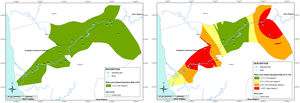 Mapping risk of Cr (VI) (a) and Pb (b) in well water.