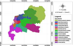 Map of Makassar city, Indonesia, with the population density of each sub-district.
