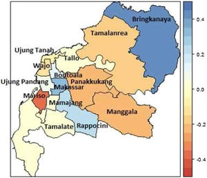 Posterior mean CAR frailties model with covariates for Makassar county level DF survival data.
