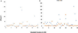 Total plant count of meatball vendors. (A) Nutrient agar medium. (B) MacConkey medium.