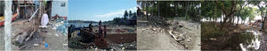 The beach area that is dirty by local sewage water, organic and inorganic waste also piles up on the beach.