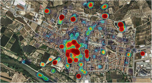 Distribución de activos en salud según el mapa de calor en el núcleo urbano de Torroella de Montgrí (2018).