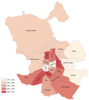 Caída bruta de la esperanza de vida al nacer de los hombres en los distritos de la ciudad de Madrid en 2020 respecto a 2019 (años de retroceso). (Fuente: defunciones y población por edad y sexo del Servicio de Estadística Municipal, Padrón Continuo de Habitantes; elaboración propia.)