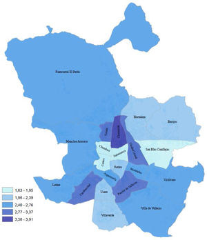 Caída bruta de la esperanza de vida al nacer de las mujeres en los distritos de la ciudad de Madrid en 2020 respecto a 2019 (años de retroceso). (Fuente: defunciones y población por edad y sexo del Servicio de Estadística Municipal, Padrón Continuo de Habitantes; elaboración propia.)