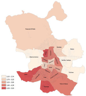 Caída bruta de la esperanza de vida a los 65 años de los hombres en los distritos de la ciudad de Madrid en 2020 respecto a 2019. (Fuente: defunciones y población por edad y sexo: Servicio de Estadística Municipal, Padrón Continuo de Habitantes; elaboración propia.)