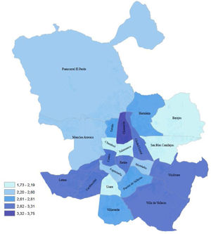 Caída bruta de la esperanza de vida a los 65 años de las mujeres en los distritos de la ciudad de Madrid en 2020 respecto a 2019. (Fuente: defunciones y población por edad y sexo: Servicio de Estadística Municipal, Padrón Continuo de Habitantes; elaboración propia.)