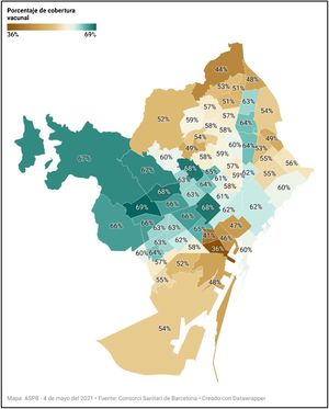 Cobertura vacunal en personas de 66 a 69 años en las Zonas Básicas de Salud de Barcelona. Mayo de 2021.