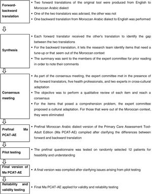 Process of cross-cultural adaptation of the Ma PCAT-AE before metric analysis.