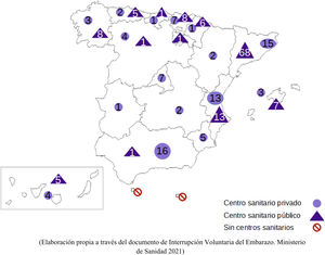 Distribución de los centros que han notificado interrupciones del embarazo en 2021 en España. (Elaboración propia a partir del Documento de Interrupción Voluntaria del Embarazo, Ministerio de Sanidad, 2021.)