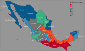 Geographic distribution of the socioeconomic regions of Mexico.