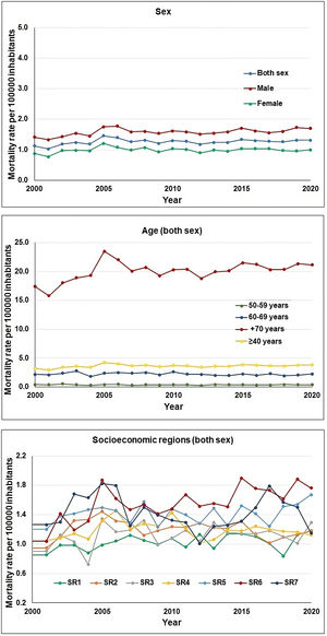 Annual variation in adjusted mortality rates for Parkinson's disease in Mexico from 2000 to 2020 by sex, age, and socioeconomic region.