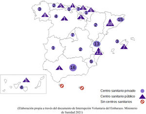 Distribución de los centros que han notificado interrupciones del embarazo en 2021 en España.