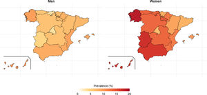 Map of prevalence of consumption of hypnosedatives in the last 30 days in the autonomous communities of Spain, by sex, for the year 2022.