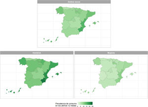 Prevalencia del consumo de cannabis en los últimos 12 meses, en global y por sexo, en las comunidades autónomas de España: 2022.