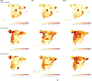 Mortalidad atribuible al calor moderado, al calor extremo y al calor excesivo por provincia durante los meses de junio, julio y agosto de 2025.