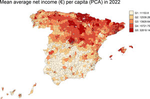 Distribution (quintiles) of the mean average net income per capita by primary care area (PCA) for the National Health System in Spain. Source: Prepared by the authors based on data from the Spanish Statistical Office (2024). Household Income Distribution Atlas. Retrieved from: https://www.ine.es/en/experimental/atlas/experimental_atlas_en.htm. [Accessed October 29, 2024]. Latest data release: October 29, 2024.
