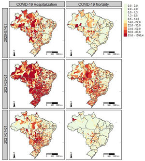 Spatiotemporal patterns of COVID-19 hospitalization and mortality in Brazil. Spatial distribution of COVID-19 hospitalization (left) and mortality (right) rates per 100,000 inhabitants in Brazilian municipalities in July 2020, March 2021, and July 2021. July 2020 marks the first wave with higher rates in western regions, while March 2021 corresponds to the peak of the second wave, with widespread high hospitalization and mortality.