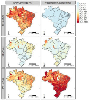 Spatiotemporal distribution of the Emergency Aid Program (EAP) and COVID-19 vaccination coverage in Brazil. Spatial distribution of EAP coverage (left) and COVID-19 first-dose vaccination coverage (right) across Brazilian municipalities in July 2020, March 2021, and July 2021.