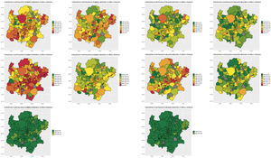 Representación del porcentaje de hospitalizados en menores de 70 años por sexo, periodos y código postal.