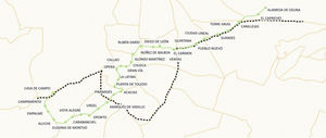 Route of Madrid Metro Line 5 and its 32 stations. The black dotted line represents the city