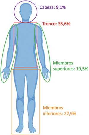Localización de las lesiones cutáneas en los pacientes latinoamericanos con COVID-19 expresadas en porcentaje por áreas anatómicas según las publicaciones estudiadas.